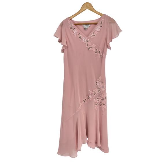 Vintage Papell Pink Beaded Asymmetrical‎ Midi Dress Size 10P Fairy Formal Y2K - Picture 1 of 11